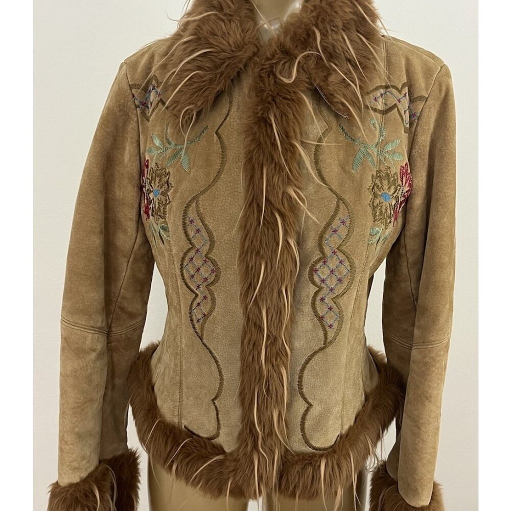 Vintage Y2K XOXO Tan Suede Jacket Faux Fur Trim Embroidered Flowers Women's M - Picture 4 of 16